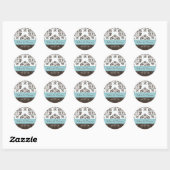 Gepersonaliseerde Blauwe en Bruine Damask Bruiloft Ronde Sticker (Vel)