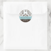 Gepersonaliseerde Blauwe en Bruine Damask Bruiloft Ronde Sticker (Tas)
