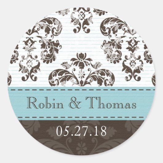 Gepersonaliseerde Blauwe en Bruine Damask Bruiloft Ronde Sticker (Voorkant)