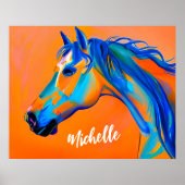 Gepersonaliseerde Blauwe en Oranje Abstracte Paard Poster (Voorkant)