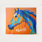 Gepersonaliseerde Blauwe en Oranje Abstracte Paard Wandkleed (Voorkant (horizontaal))