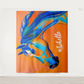 Gepersonaliseerde Blauwe en Oranje Abstracte Paard Wandkleed (Voorkant)
