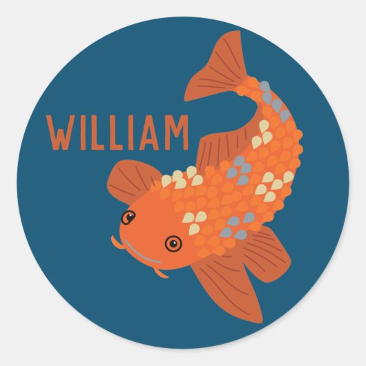 Gepersonaliseerde Blauwe en Oranje Koi Goldfish Ronde Sticker (Voorkant)