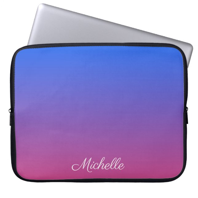 Gepersonaliseerde blauwe en roze ombre gradiënt laptop sleeve (Voorkant)