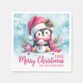 Gepersonaliseerde Blauwe en Roze Pinguïn Vrolijk K Servet (Voorkant)