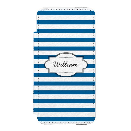 Gepersonaliseerde blauwe en witte horizontale stre incipio iPhone portemonnee hoesje (Voorkant Agenda)