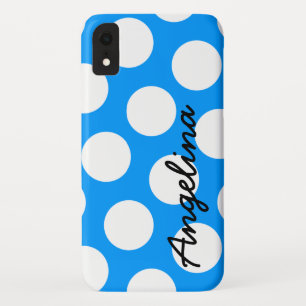Gepersonaliseerde blauwe en witte polka dot iPhone XR hoesje