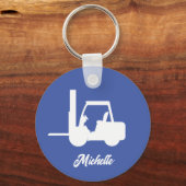 Gepersonaliseerde blauwe en witte vorkheftruck sleutelhanger (Voorkant)