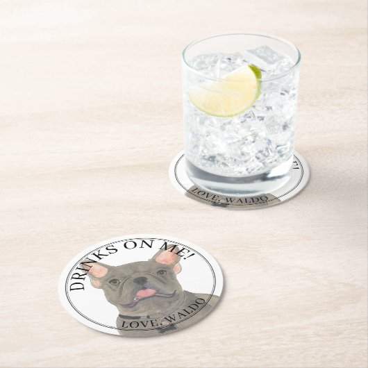 Gepersonaliseerde blauwe Franse Bulldog bruiloft Ronde Kartonnen Onderzetter (Insitu)