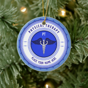 Gepersonaliseerde blauwe fysieke therapie Caduceus Keramisch Ornament
