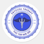 Gepersonaliseerde blauwe fysieke therapie Caduceus Ronde Sticker (Voorkant)