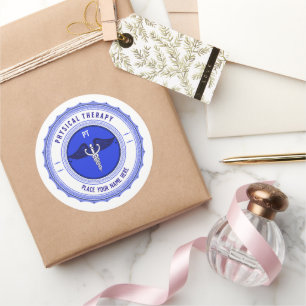 Gepersonaliseerde blauwe fysieke therapie Caduceus Ronde Sticker