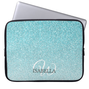 Gepersonaliseerde Blauwe Glitter Ombre Naam Monogr Laptop Sleeve