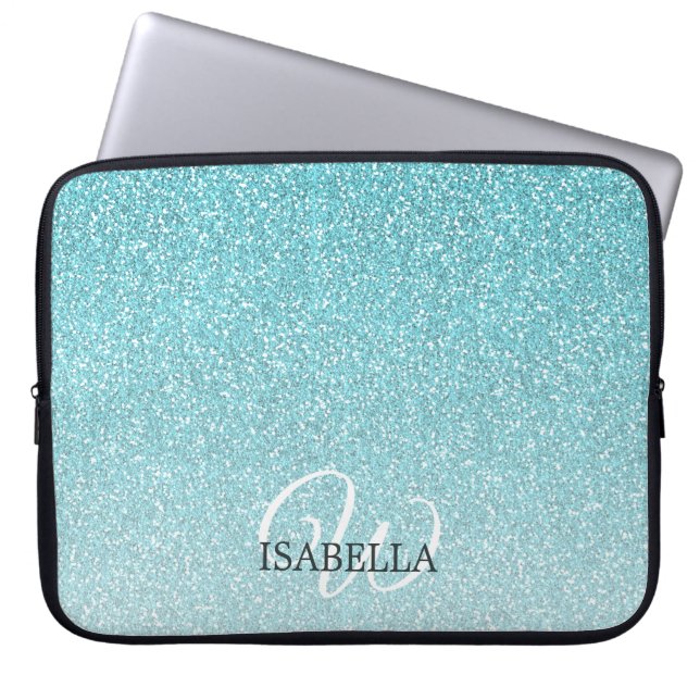Gepersonaliseerde Blauwe Glitter Ombre Naam Monogr Laptop Sleeve (Voorkant)
