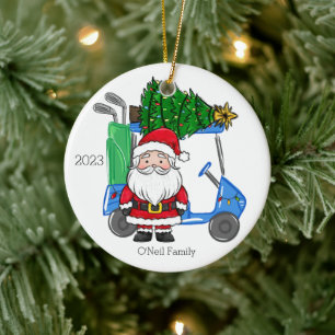 Gepersonaliseerde blauwe golfkar Santa Christmas T Keramisch Ornament