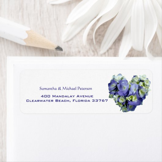 Gepersonaliseerde blauwe hartvormige Hydrangea bru Etiket (Insitu)