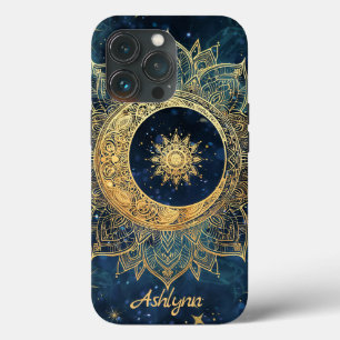 Gepersonaliseerde blauwe hemelgouden zon maan mand Case-Mate iPhone case