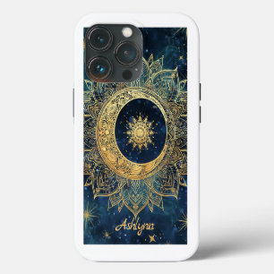 Gepersonaliseerde blauwe hemelgouden zon maan mand iPhone 13 pro hoesje