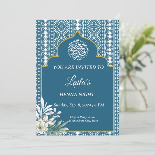 Gepersonaliseerde Blauwe Henna Uitnodiging voor de (Staand voorkant)