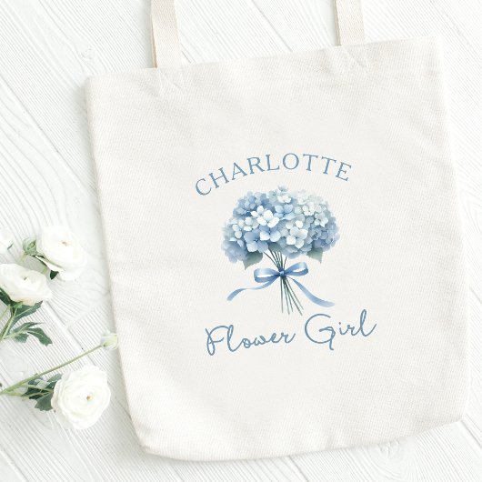 Gepersonaliseerde Blauwe Hortensia Bow Floral Bloe Tote Bag