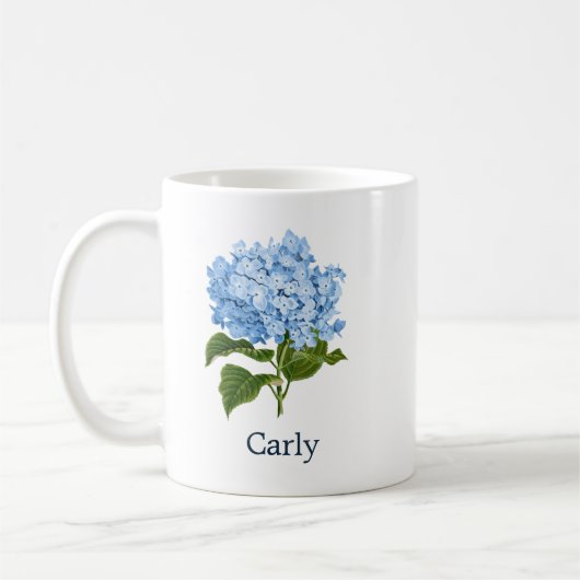 Gepersonaliseerde blauwe hortensia koffiemok (Links)