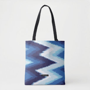 Gepersonaliseerde Blauwe Ikat Chevron Patroon Brui Tote Bag
