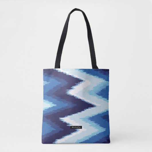 Gepersonaliseerde Blauwe Ikat Chevron Patroon Brui Tote Bag (Voorkant)