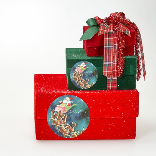 Gepersonaliseerde Blauwe  Kerstman en rendieren Ronde Sticker