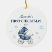 Gepersonaliseerde blauwe kinderwagen eerste kerst keramisch ornament (Voorkant)