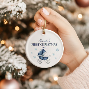 Gepersonaliseerde blauwe kinderwagen eerste kerst keramisch ornament