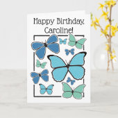 Gepersonaliseerde Blauwe Morpho Vlinder Gelukkige  Kaart (Gele Bloem)