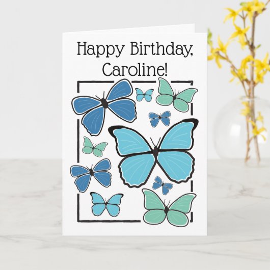 Gepersonaliseerde Blauwe Morpho Vlinder Gelukkige  Kaart (Gele Bloem)