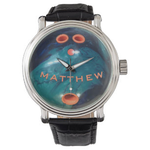 Gepersonaliseerde Blauwe Oranje Bowling Ball Horloge