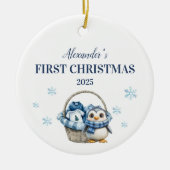 Gepersonaliseerde Blauwe Pinguïn Eerste Kerstdag Keramisch Ornament (Voorkant)