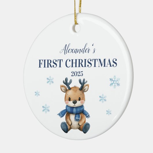 Gepersonaliseerde Blauwe Rendieren Baby Eerste Ker Keramisch Ornament (Links)
