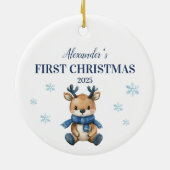Gepersonaliseerde Blauwe Rendieren Baby Eerste Ker Keramisch Ornament (Achterkant)