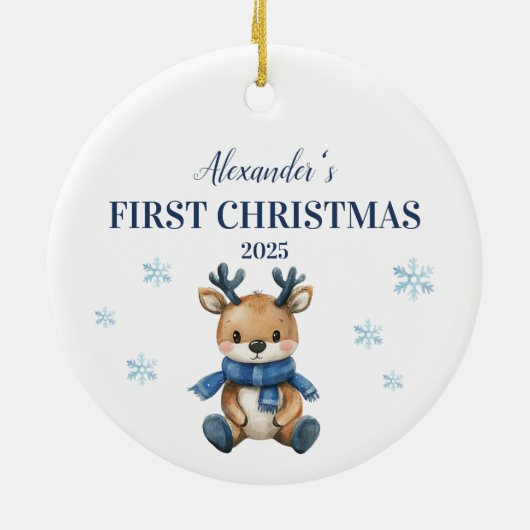 Gepersonaliseerde Blauwe Rendieren Baby Eerste Ker Keramisch Ornament (Achterkant)