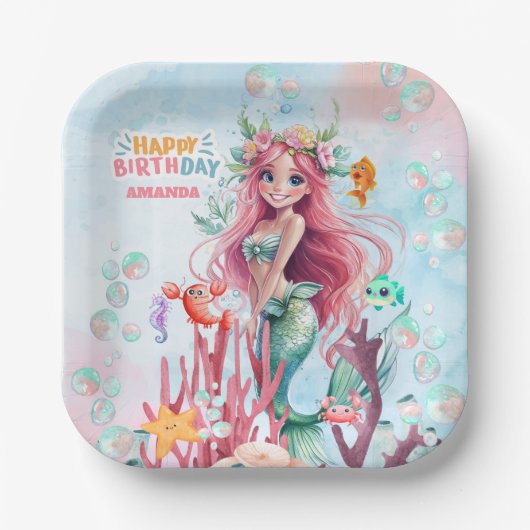 Gepersonaliseerde Blauwe & Roze Zeemeermin Verjaar Papieren Bordje (Voorkant)