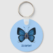 Gepersonaliseerde blauwe saffier vlinder edelsteen sleutelhanger (Voorkant)
