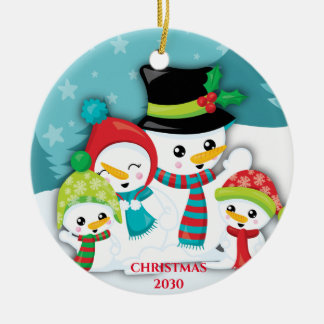 Gepersonaliseerde Blauwe Snowman Familie Kerstmis Keramisch Ornament