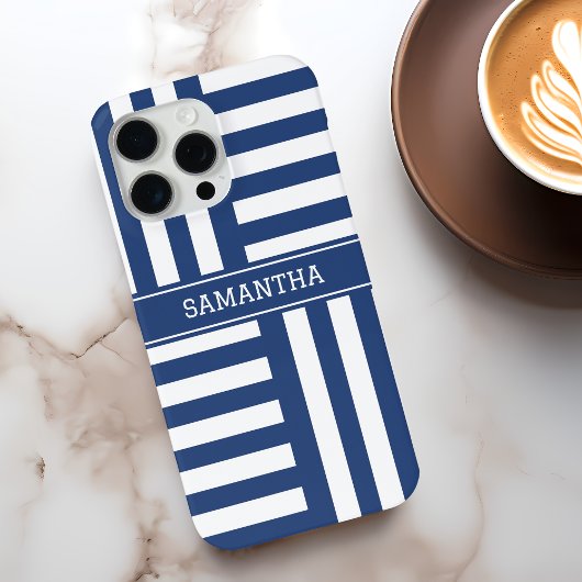 Gepersonaliseerde blauwe strepen Chic White Naam M Case-Mate iPhone Case