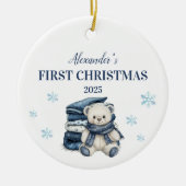 Gepersonaliseerde blauwe teddy eerste kerst keramisch ornament (Voorkant)
