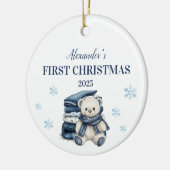 Gepersonaliseerde blauwe teddy eerste kerst keramisch ornament (Links)