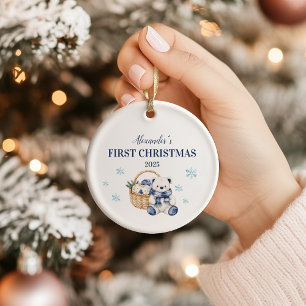 Gepersonaliseerde blauwe teddybeer eerste kerst keramisch ornament