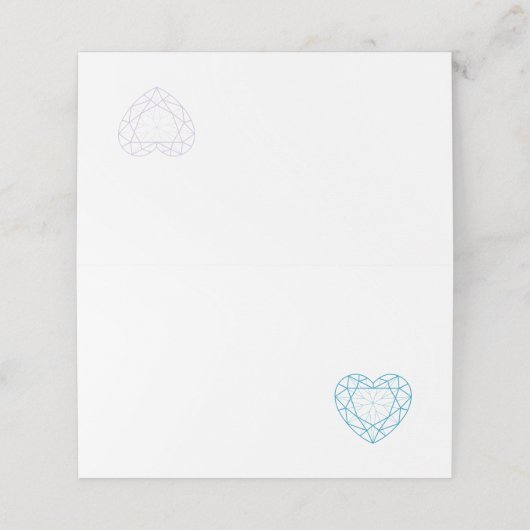 Gepersonaliseerde blauwe topaz hart plaats gast plaatskaartje (Buitenkant ongevouwen)