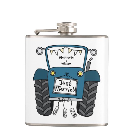Gepersonaliseerde Blauwe Tractor Land Huwelijkscad Heupfles (Voorkant)