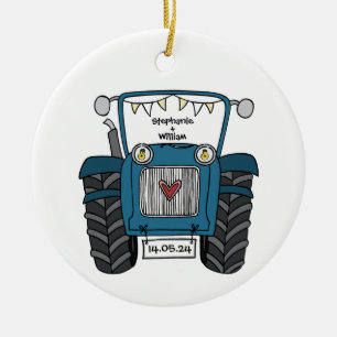 Gepersonaliseerde Blauwe Tractor Land Huwelijkscad Keramisch Ornament