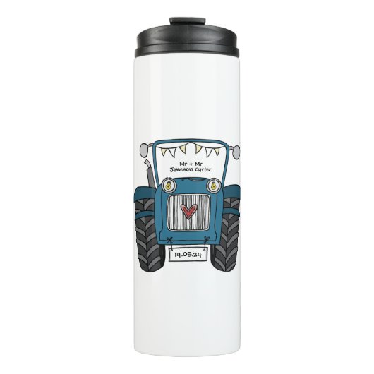 Gepersonaliseerde Blauwe Tractor Land Huwelijkscad Thermosbeker (Voorkant)