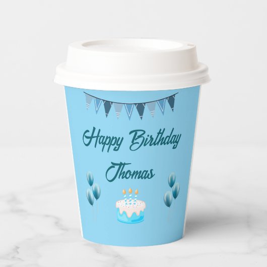Gepersonaliseerde blauwe verjaardag papieren bekers (Voorkant)