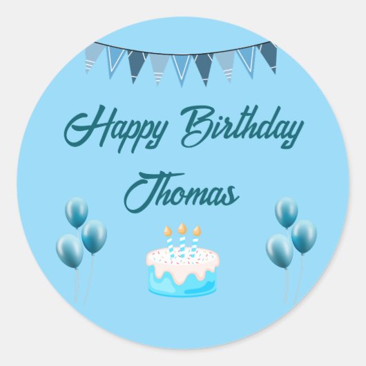 Gepersonaliseerde blauwe verjaardag ronde sticker (Voorkant)